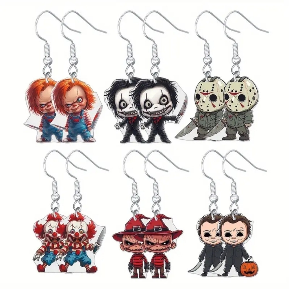 6 Pair Horror Character Earrings Set Bundle Halloween Chucky Jason Michael Clown